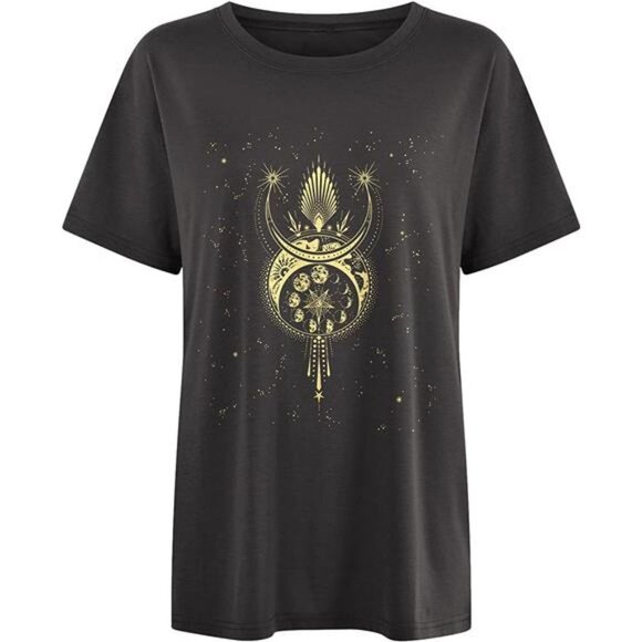 Boho Moon & Stars Graphic Printed Oversized T Shirt Vintage Short Sleeve Tee Top - Picture 3 of 7